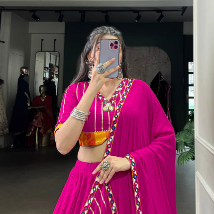 Lorenvalley Fashion Pink Pure Rayon Original Mirror Gamthi Work With Gotta Patti Lace Touch Up Lehenga Choli with Dupatta