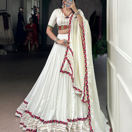 Lorenvalley Fashion White Pure Rayon Original Mirror Gamthi Work With Gotta Patti Lace Touch Up Lehenga Choli with Dupatta