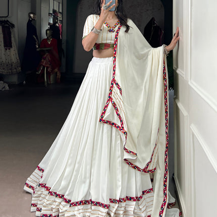 Lorenvalley Fashion White Pure Rayon Original Mirror Gamthi Work With Gotta Patti Lace Touch Up Lehenga Choli with Dupatta