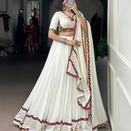 Lorenvalley Fashion White Pure Rayon Original Mirror Gamthi Work With Gotta Patti Lace Touch Up Lehenga Choli with Dupatta