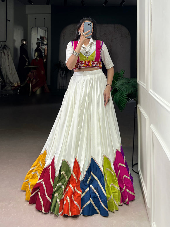 Lorenvalley Fashion White Rayon Multi Colour Patch With Lace Touch Up Lehenga Choli with Koti
