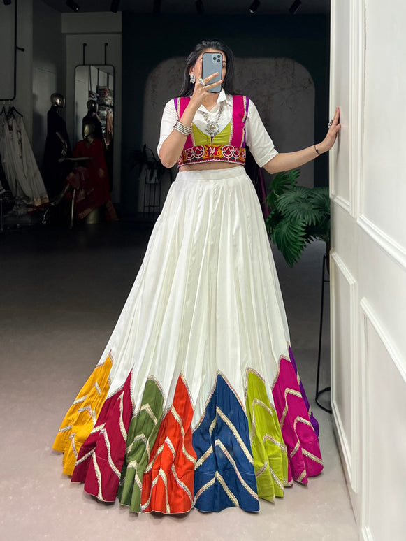 Lorenvalley Fashion White Rayon Multi Colour Patch With Lace Touch Up Lehenga Choli with Koti