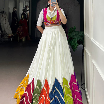 Lorenvalley Fashion White Rayon Multi Colour Patch With Lace Touch Up Lehenga Choli with Koti