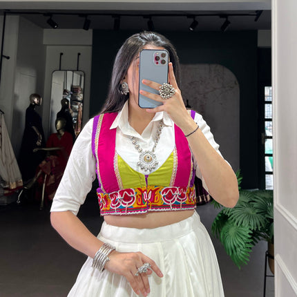 Lorenvalley Fashion White Rayon Multi Colour Patch With Lace Touch Up Lehenga Choli with Koti