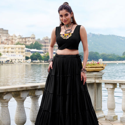 Lorenvalley Fashion Black Pure Rayon Plain Frill Lehenga Choli with Koti
