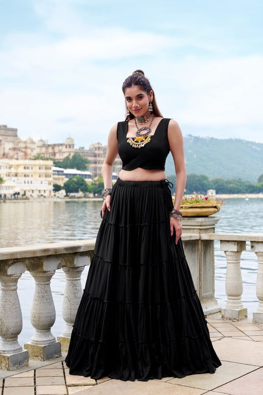 Lorenvalley Fashion Black Pure Rayon Plain Frill Lehenga Choli with Koti