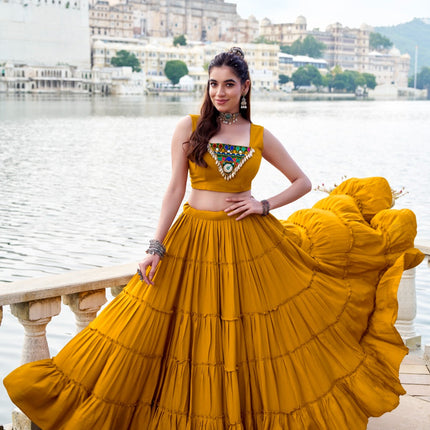 Lorenvalley Fashion Mustard Pure Rayon Plain Frill Lehenga Choli with Koti