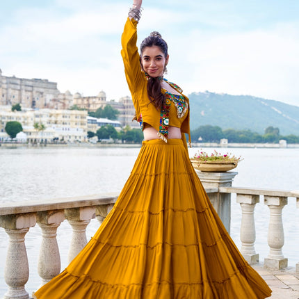 Lorenvalley Fashion Mustard Pure Rayon Plain Frill Lehenga Choli with Koti