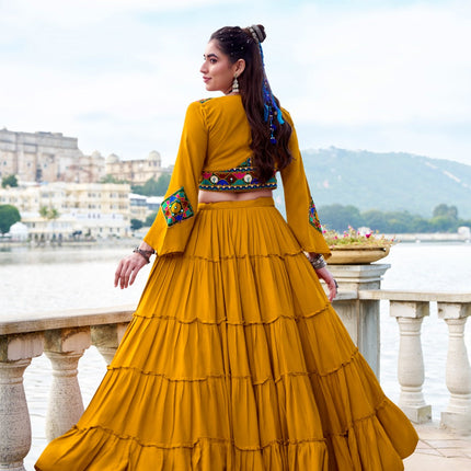 Lorenvalley Fashion Mustard Pure Rayon Plain Frill Lehenga Choli with Koti