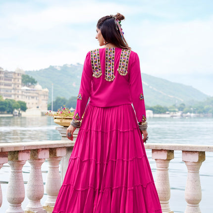 Lorenvalley Fashion Pink Pure Rayon Plain Frill Lehenga Choli with Koti