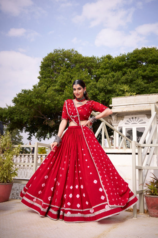 Lorenvalley Fashion Red Pure Chanderi Bandhej Print With Lace Touch Up Lehenga Choli with Dupatta