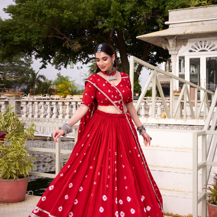 Lorenvalley Fashion Red Pure Chanderi Bandhej Print With Lace Touch Up Lehenga Choli with Dupatta