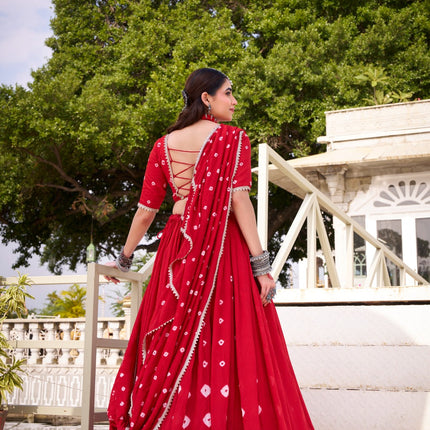 Lorenvalley Fashion Red Pure Chanderi Bandhej Print With Lace Touch Up Lehenga Choli with Dupatta