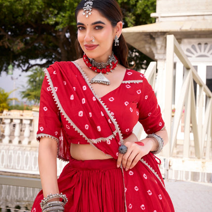 Lorenvalley Fashion Red Pure Chanderi Bandhej Print With Lace Touch Up Lehenga Choli with Dupatta