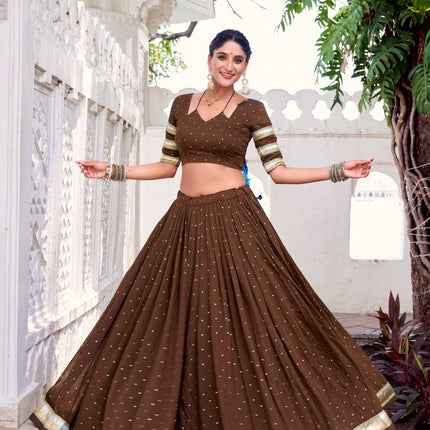 Lorenvalley Fashion Brown Pure Chanderi Zari Weaving Work With Embossed Design Lace Touch Up Lehenga Choli with Dupatta