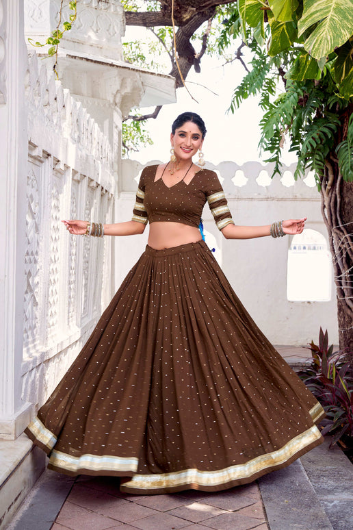 Lorenvalley Fashion Brown Pure Chanderi Zari Weaving Work With Embossed Design Lace Touch Up Lehenga Choli with Dupatta