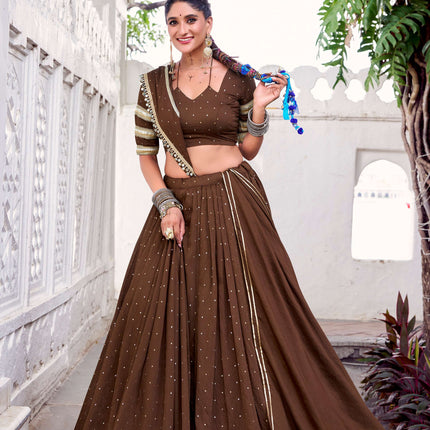 Lorenvalley Fashion Brown Pure Chanderi Zari Weaving Work With Embossed Design Lace Touch Up Lehenga Choli with Dupatta