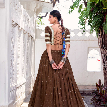 Lorenvalley Fashion Brown Pure Chanderi Zari Weaving Work With Embossed Design Lace Touch Up Lehenga Choli with Dupatta