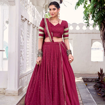 Lorenvalley Fashion Maroon Pure Chanderi Zari Weaving Work With Embossed Design Lace Touch Up Lehenga Choli with Dupatta