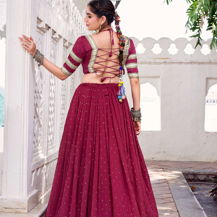Lorenvalley Fashion Maroon Pure Chanderi Zari Weaving Work With Embossed Design Lace Touch Up Lehenga Choli with Dupatta