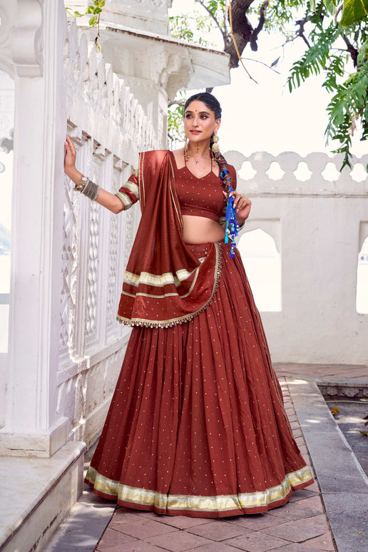 Lorenvalley Fashion Rosegold Pure Chanderi Zari Weaving Work With Embossed Design Lace Touch Up Lehenga Choli with Dupatta
