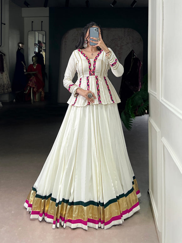 Lorenvalley Fashion White Pure Rayon Embossed Design Lace Touch up Lehenga Choli