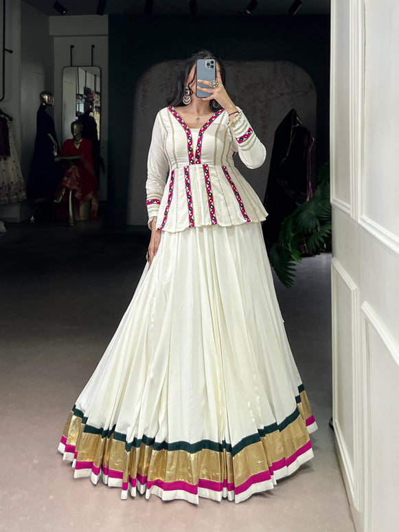 Lorenvalley Fashion White Pure Rayon Embossed Design Lace Touch up Lehenga Choli