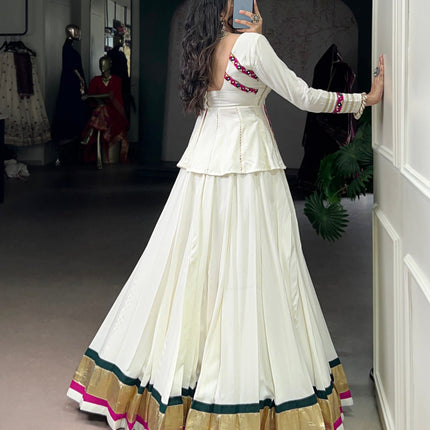 Lorenvalley Fashion White Pure Rayon Embossed Design Lace Touch up Lehenga Choli