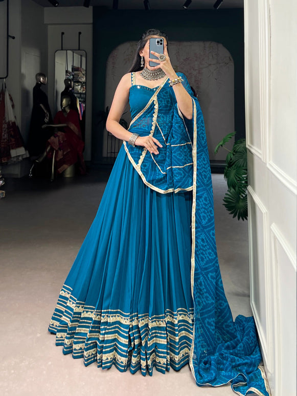 Lorenvalley Fashion Teal Pure Rayon Lace Touch Up Lehenga Choli with Dupatta