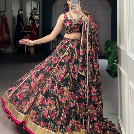 Lorenvalley Fashion Black Chiffon Floral Print and Foil Print with Embossed Design with Gotta Patti Lace Touch Up Lehenga Choli with Dupatta