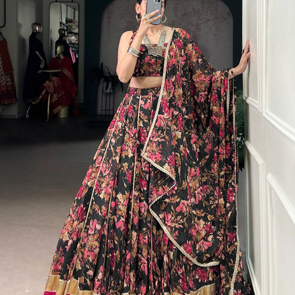 Lorenvalley Fashion Black Chiffon Floral Print and Foil Print with Embossed Design with Gotta Patti Lace Touch Up Lehenga Choli with Dupatta