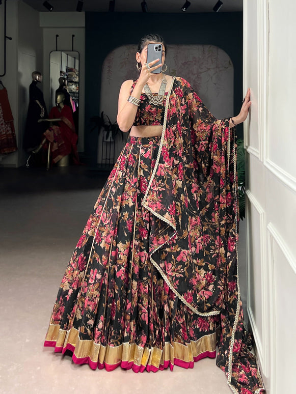Lorenvalley Fashion Black Chiffon Floral Print and Foil Print with Embossed Design with Gotta Patti Lace Touch Up Lehenga Choli with Dupatta