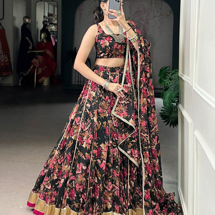 Lorenvalley Fashion Black Chiffon Floral Print and Foil Print with Embossed Design with Gotta Patti Lace Touch Up Lehenga Choli with Dupatta