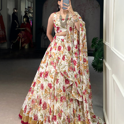 Lorenvalley Fashion White Chiffon Floral Print and Foil Print with Embossed Design with Gotta Patti Lace Touch Up Lehenga Choli with Dupatta