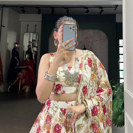 Lorenvalley Fashion White Chiffon Floral Print and Foil Print with Embossed Design with Gotta Patti Lace Touch Up Lehenga Choli with Dupatta