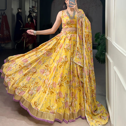 Lorenvalley Fashion Yellow Chiffon Floral Print and Foil Print with Embossed Design with Gotta Patti Lace Touch Up Lehenga Choli with Dupatta