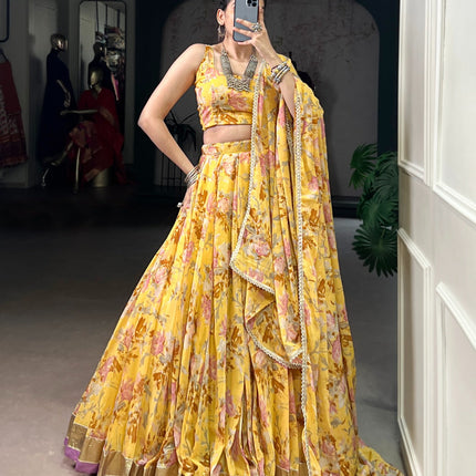 Lorenvalley Fashion Yellow Chiffon Floral Print and Foil Print with Embossed Design with Gotta Patti Lace Touch Up Lehenga Choli with Dupatta