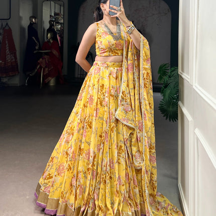 Lorenvalley Fashion Yellow Chiffon Floral Print and Foil Print with Embossed Design with Gotta Patti Lace Touch Up Lehenga Choli with Dupatta