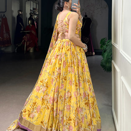 Lorenvalley Fashion Yellow Chiffon Floral Print and Foil Print with Embossed Design with Gotta Patti Lace Touch Up Lehenga Choli with Dupatta