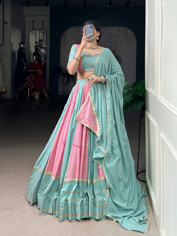 Lorenvalley Fashion Pure Rayon with Georgette Sequins and Thread Embroidery Work With Lace Touch Up Lehenga Choli with Dupatta