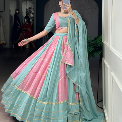 Lorenvalley Fashion Pure Rayon with Georgette Sequins and Thread Embroidery Work With Lace Touch Up Lehenga Choli with Dupatta