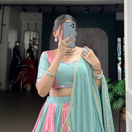 Lorenvalley Fashion Pure Rayon with Georgette Sequins and Thread Embroidery Work With Lace Touch Up Lehenga Choli with Dupatta