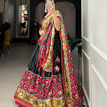 Lorenvalley Black Tussar Silk Patola Print With foil work Lehenga Choli with Dupatta