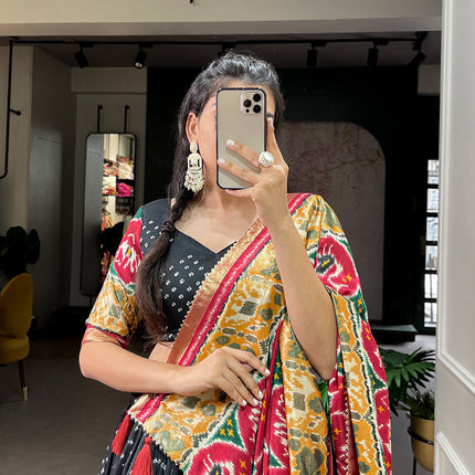 Lorenvalley Black Tussar Silk Patola Print With foil work Lehenga Choli with Dupatta