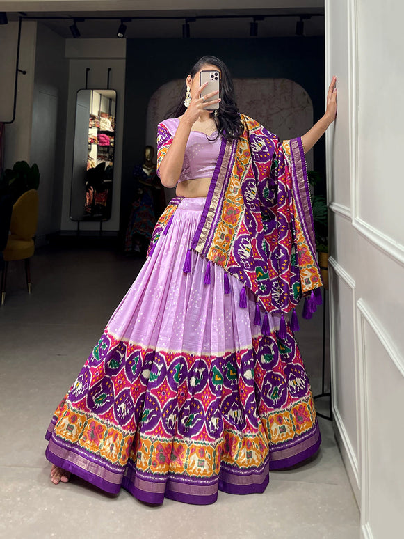 Lorenvalley Lavender Tussar Silk Patola Print With foil work Lehenga Choli with Dupatta