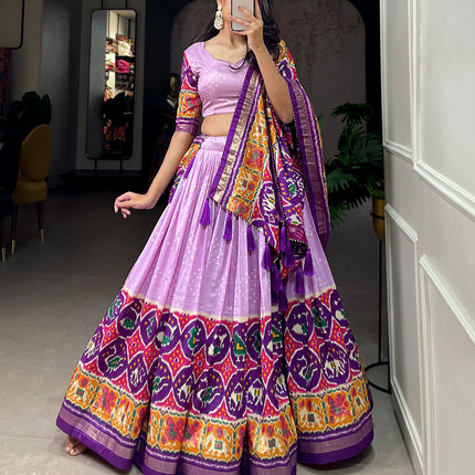 Lorenvalley Lavender Tussar Silk Patola Print With foil work Lehenga Choli with Dupatta