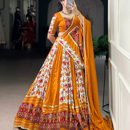 Lorenvalley Fashion Mustard Rayon with Printed Silk Patola Print with Gamthi Work and Lace Touch Up Lehenga Choli with Dupatta