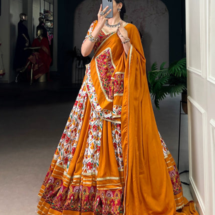 Lorenvalley Fashion Mustard Rayon with Printed Silk Patola Print with Gamthi Work and Lace Touch Up Lehenga Choli with Dupatta