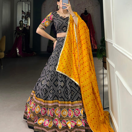 Lorenvalley Black Tussar Silk Bandhej and Patola Print with Foil Work Lehenga Choli with Dupatta
