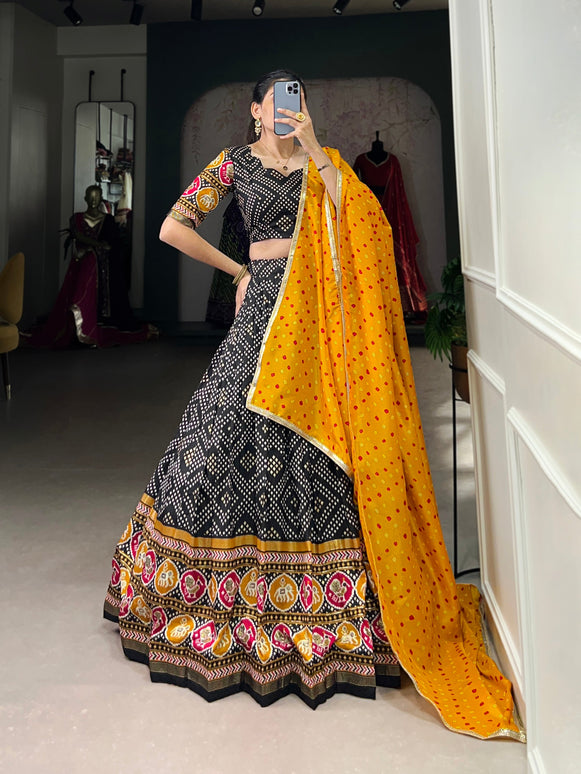 Lorenvalley Black Tussar Silk Bandhej and Patola Print with Foil Work Lehenga Choli with Dupatta